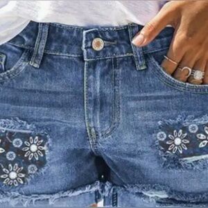 Women'S Bohemian Denim Shorts with Printed Patches